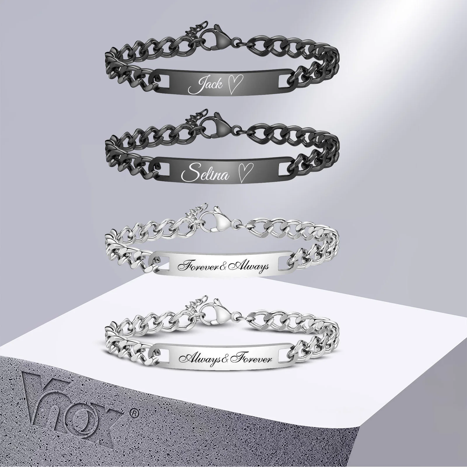 Vnox Free Custom Couple Bracelets for Men Women, Personalized Lovers Promise Keepsake Wedding Anniversary Gift Jewelry