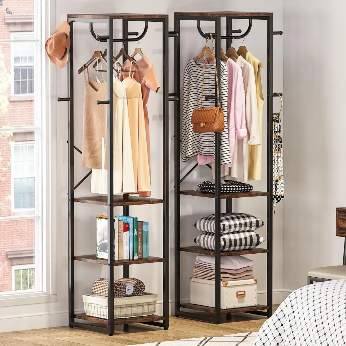 

Coat Rack Freestanding with Shelves,Industrial Hall Tree with 4 Shelves and 8 Hooks,Standing Small Clothes Rack Closet Organizer