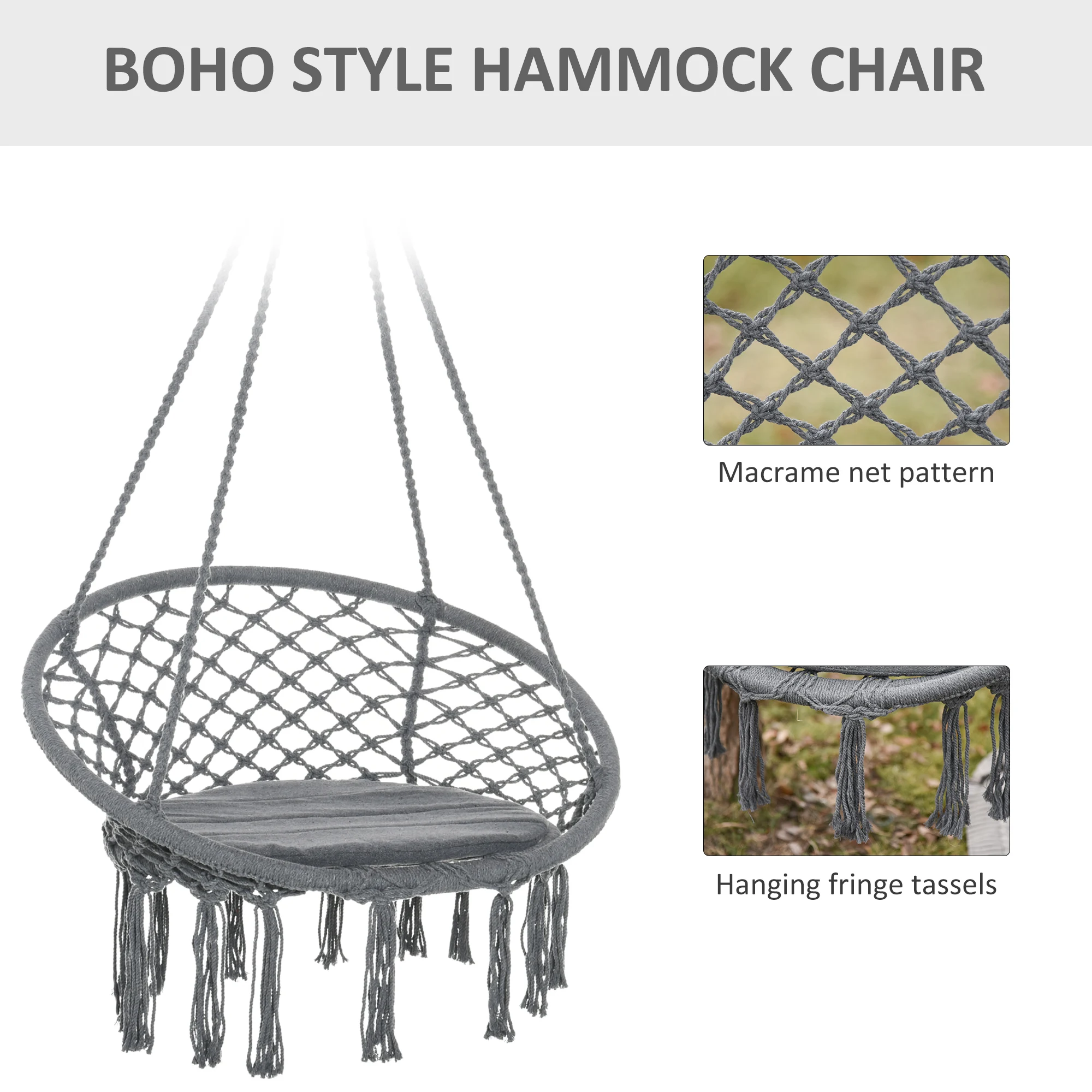 Outsunny Macrame Hanging Chair Swing Hammock for Indoor & Outdoor Use Grey