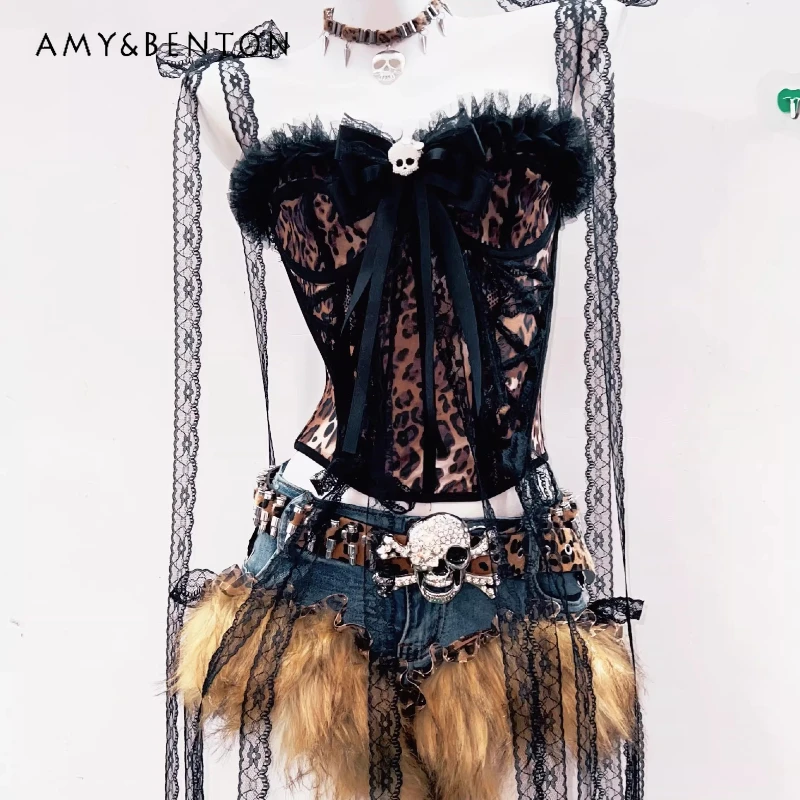 

Original Design Sweet Cool Leopard Print Subculture Lace Women's Tank Top Punk Retro Furry Splicing Denim Shorts Sets Ladies