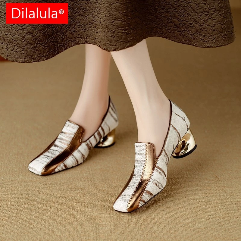 

Dilalula, Лидер продаж, женские туфли-лодочки из конского волоса, разноцветные женские туфли на среднем странном каблуке, винтажные туфли-лодочки из натуральной кожи, офисные женские туфли