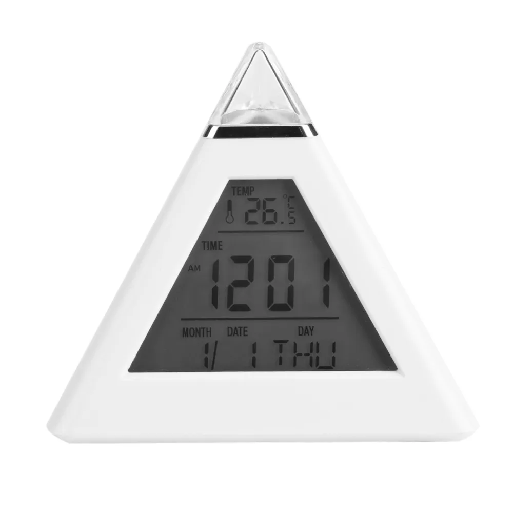 Thermometer Pyramid LED Alarm Clock White Digital Display Table Clock Color Changing Battery Operated Night Light Heavy Sleepers