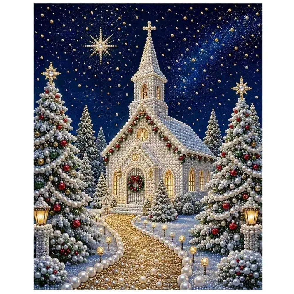 Fun DIY Christmas Pearl Diamond Painting Kit Christmas Church 30*40cm 5D Pearl Art Craft Christmas Decorations Kit Wall Decor