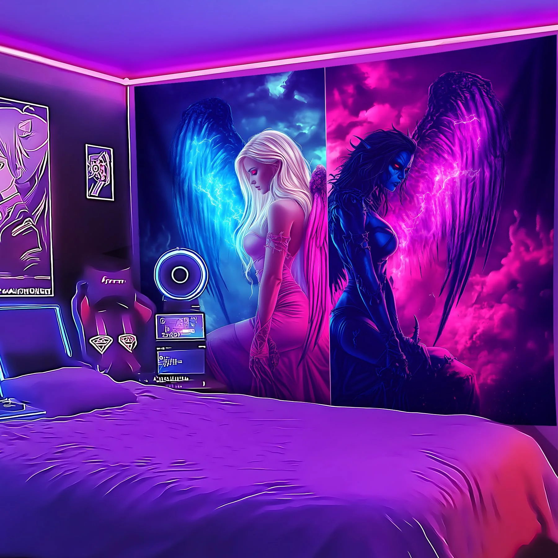 VIKAMA Angel & Demon Tapestry Neon Cyberpunk Gaming Room Wall Hanging Living Room, Bedroom & Dormitory Decor