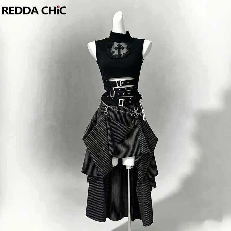 REDDACHiC Lace Hollow Sleeveless Top Skirt Women Set Goth Black Stripe Bustle Skirt Belt Tank Top Grunge Music Festival Outfits