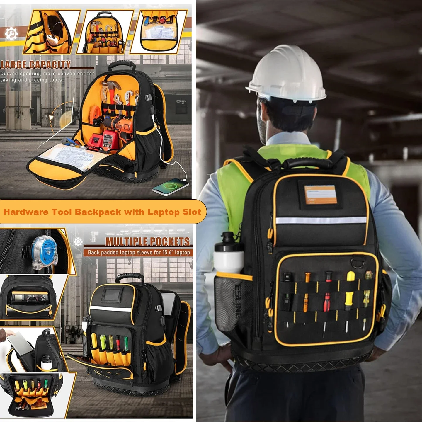Heavy Duty Hardware Tool Backpack With USB Charging Port Laptop Compartment Storage Bag Electrician Carpenter Gardener Repair