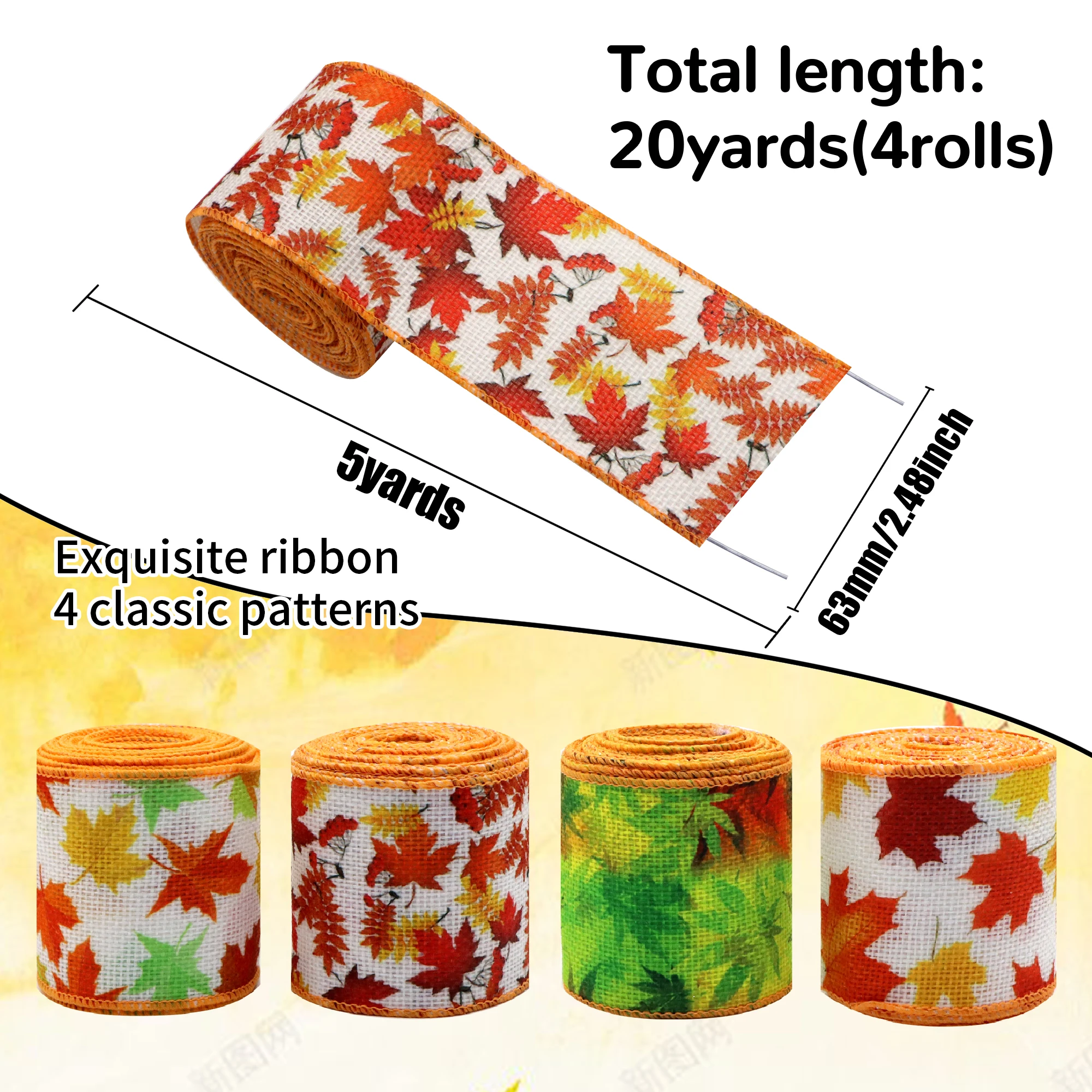 2.5 Inch X 5 Yards/roll Christmas Autumn Pattern Printed Decorative Linen Wire Edge Ribbon Home Decoration For DIY Gift