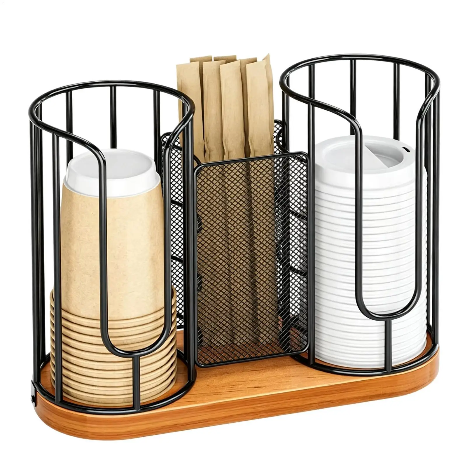 Disposable Coffee Cup Holder 3 Compartments Stable Condiment Station Coffee Bar Cup Organizer storage With Wooden Base