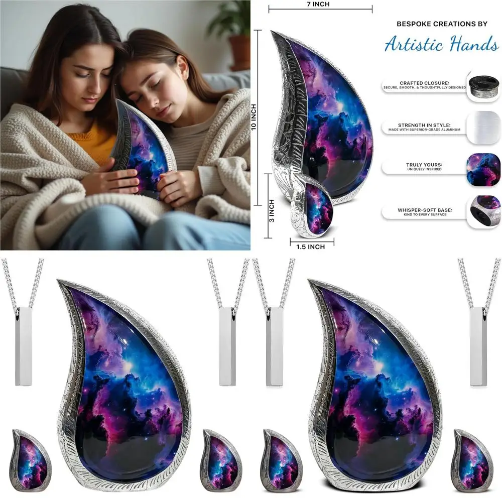 

Eco-Friendly Teardrop Cremation Urn Set: Large Adult Urn (220lbs), 2 Mini Urns, 2 Ash Jewelry for Men & Women