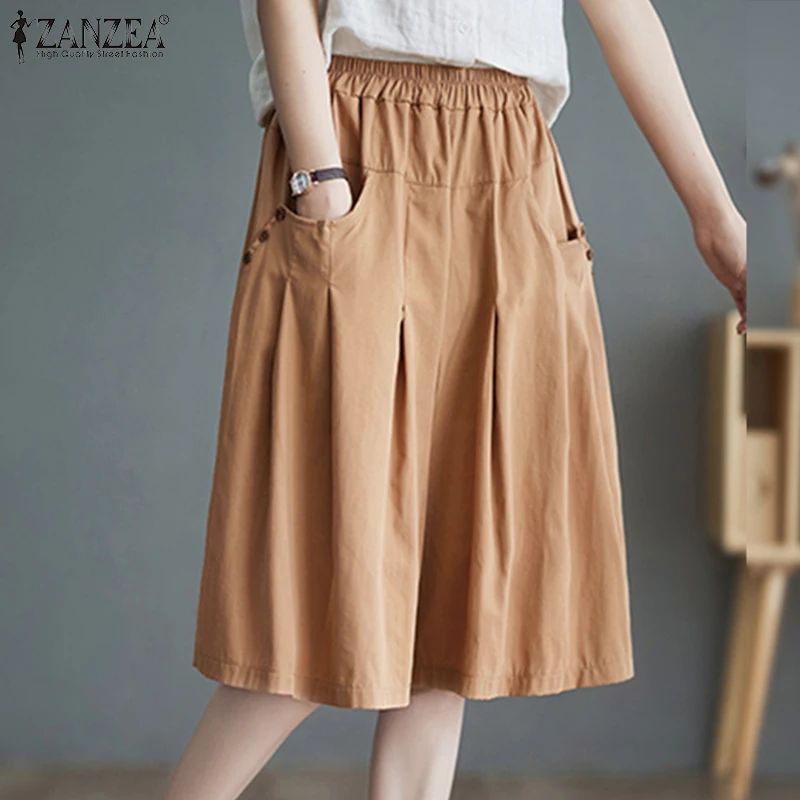 ZANZEA 2025 Summer Women Solid Half Shorts Fashion Elastic Waisted Button Short Pants Casual Pocket Overalls Korean Bottoms