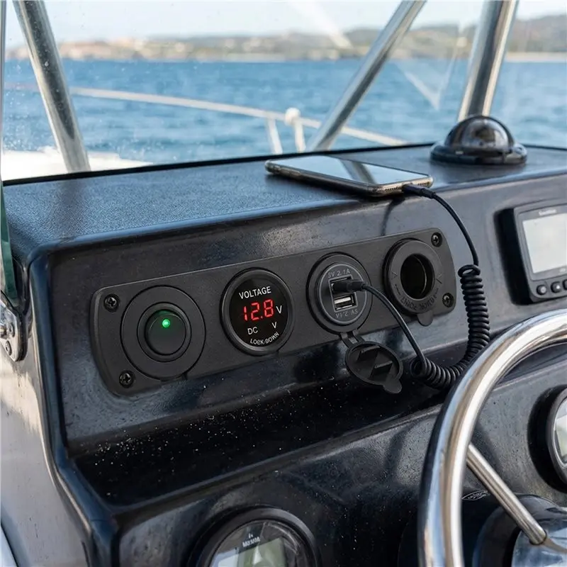 【Price Drop !!】 LED Voltmeter 12V Dual USB Socket 4 In 1 Marine Switch Panel Cigarette Lighter Socket On/Off Button Cont