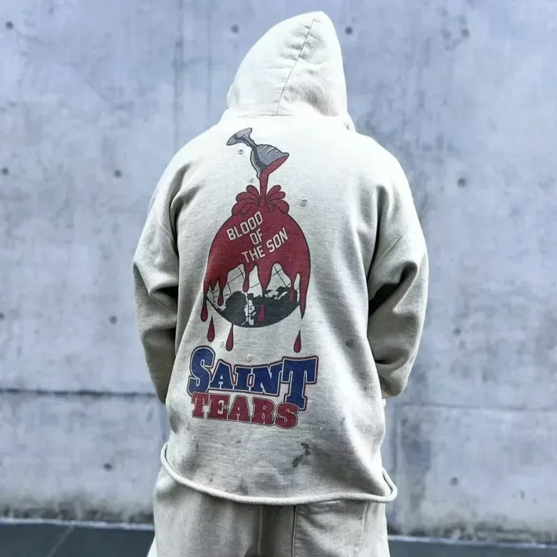 Water Washed Soiled Saint Letter Print Hole Hoodie y2k Men Women Streetwear Sweatshirts Hem Damaged Casual Hooded Pullover