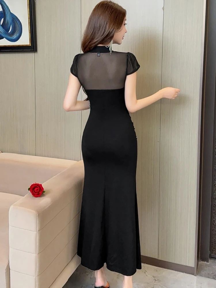2025 Black Patchwork Mesh Sheer Sexy Long Dress Women Korean Vintage Hepburn Luxury Dress Summer Elegant Bodycon Fesitval Dress
