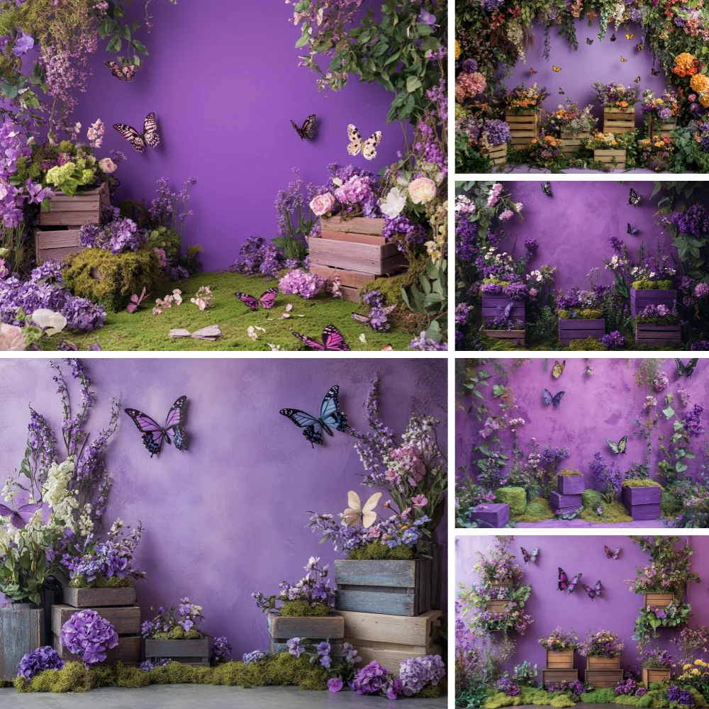 

Purple Flower Wall Dreamy Butterfly Backdrop Baby Shower Girl Birthday Party Lantern Candle Wedding Photography Background Decor