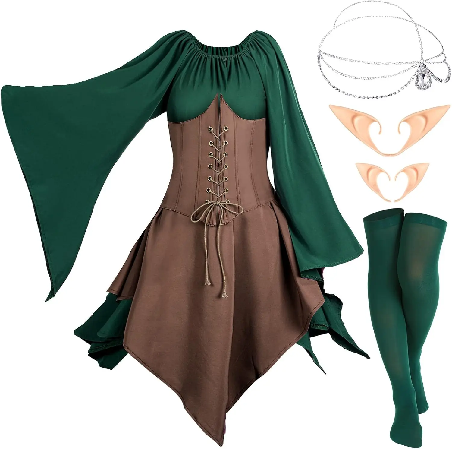 Eurzom 5-teiliges mittelalterliches Feenkostüm-Set für Damen, Renaissance-Kleid, Mädchen, Elf, Cosplay, Ohren, Zubehör, Strass-Tropfen-Kopfbedeckung