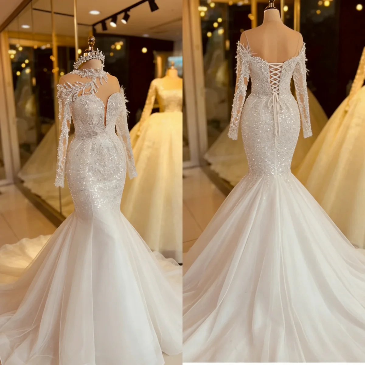 

Custom Luxury Off Shoulder Lace Up Beaded Mermaid Wedding Dress 2026 Cathedral Train Bridal Gown Plus Size Vestido De Novia