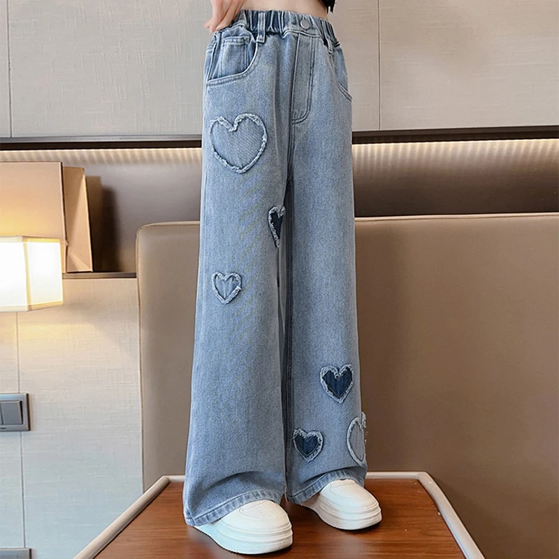 New Fashion Teenager Girls Denim Wide Leg Pants Children Trousers Spring Autumn Love Pattern Girls Jeans 5-14 Years Kids Clothes