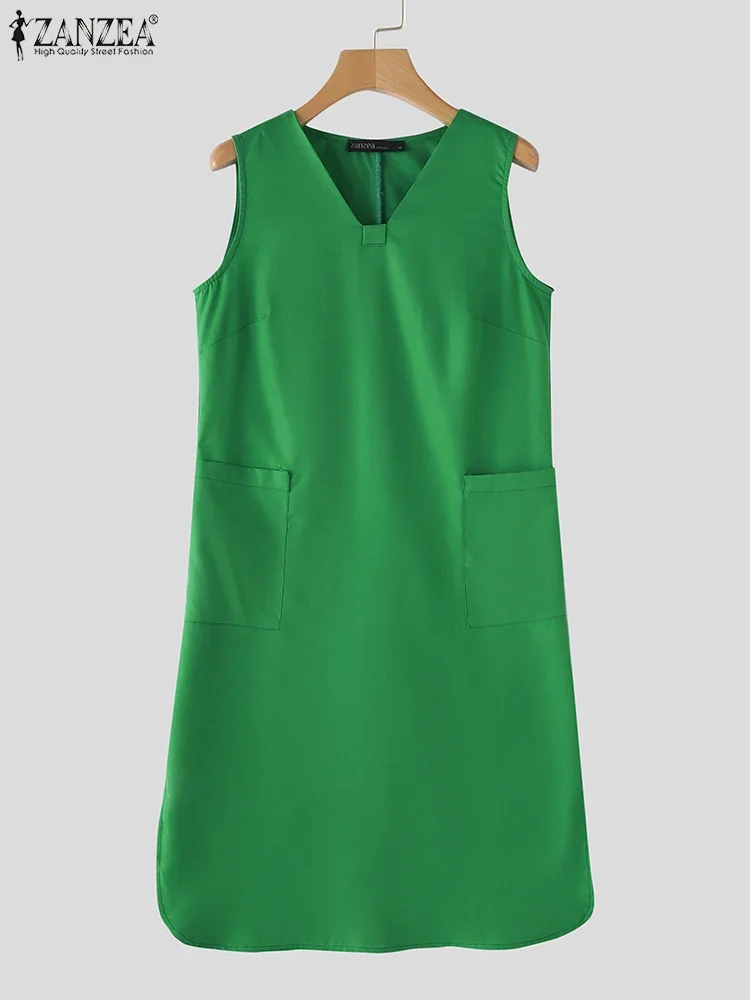 ZANZEA 2025 damska letnia długa sukienka bez rękawów Vintage V Neck kieszenie Tanks sukienka moda rozlana szata Casual luźne Vestidos