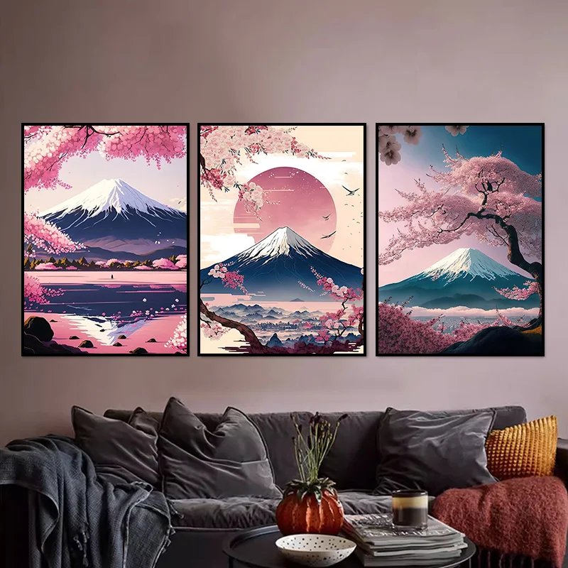 Japanese Cherry Blossom Fuji Mountain Sunset Tokyo Scenery Poster HD Printed Canvas Painting Wall Art Pictures Room Home Decor