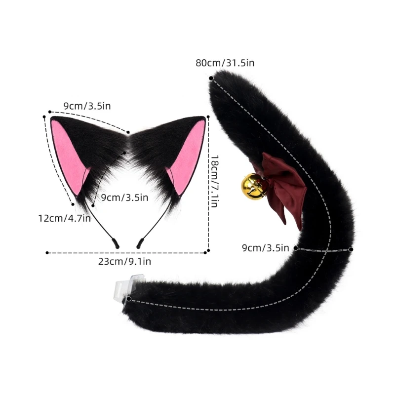 Conjunto fantasia gatos com orelhas gato, faixa cabeça cauda peluda, fantasia animal Halloween