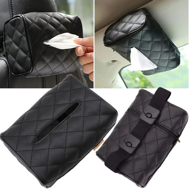 

Car Tissue Box Holder in Car Sun Visor Seat Backrest Hanging Tissue/Napkin Box with Fix Strap Armrest Boxes Tissue Storage Case