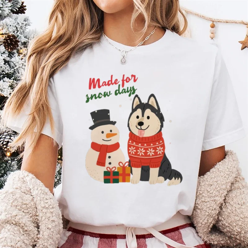 

Christmas Husky Made For Snow Days Printed New Year Cute T-Shirt Clothing Printed Casual Round Neck Women's Sweet Women's Top