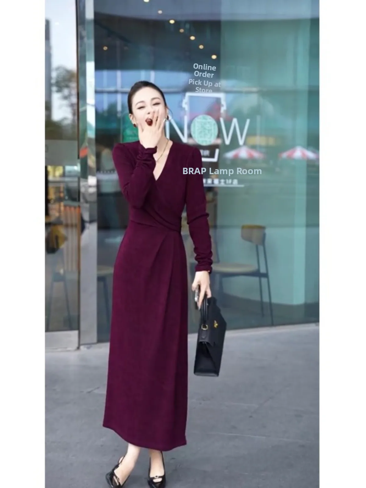 

Elegant Commuter Red V-Neck Waist-Cinched Design Long Dress Women's Trendy Autumn New Style Korean Version Long Skirt
