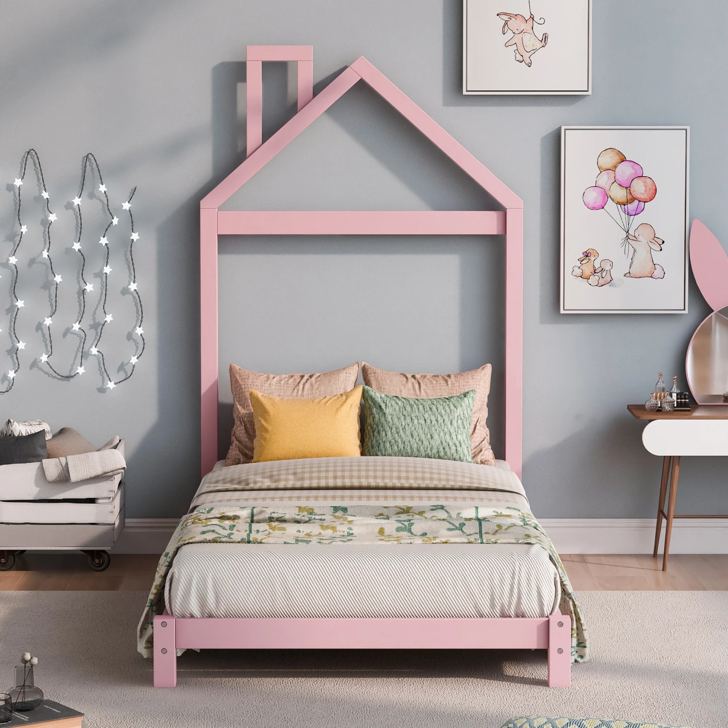 

Pink Twin Size Wood Platform Bed with House-shaped Headboard