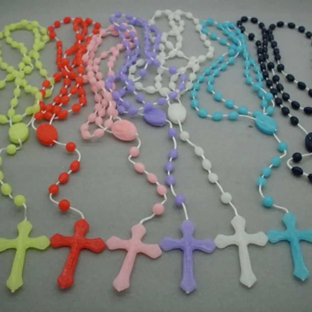 Luminous Glowing Rosary Necklace Plastic Catholic Cross Necklace Religious