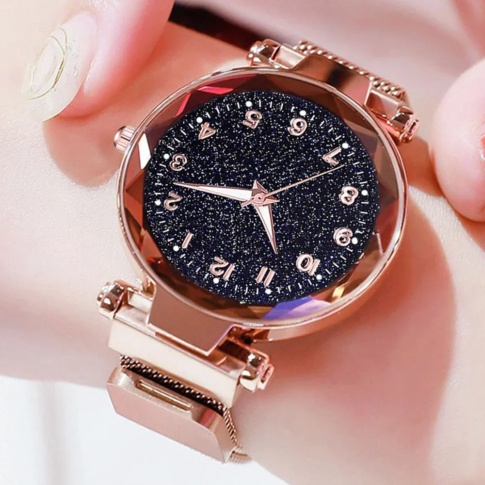 Conjunto de 5 piezas de reloj de pulsera de cuarzo para mujer, cronógrafo informal con correa de malla, sencillo, esfera redonda, cielo estrellado, regalo para chicas