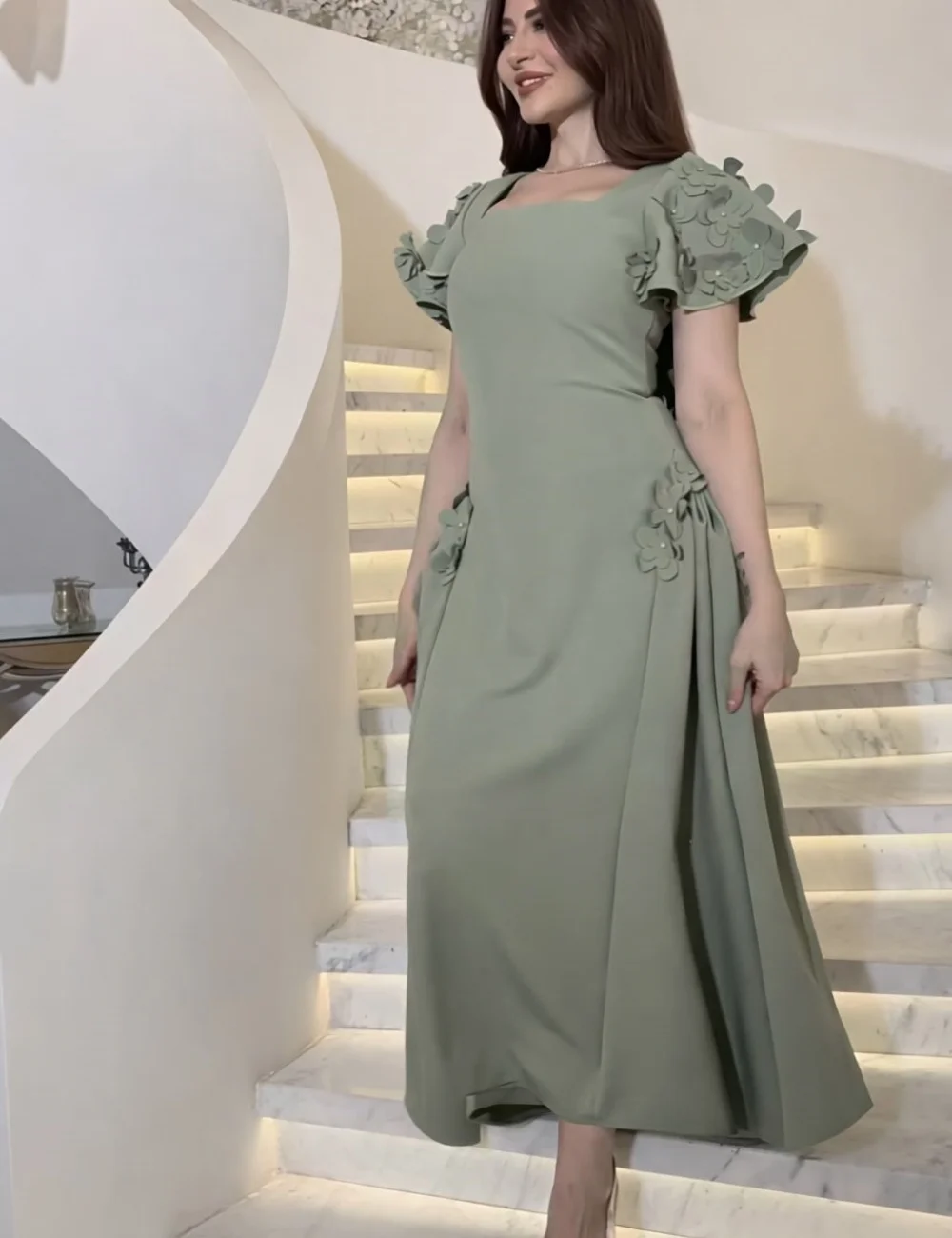 

Customized Green Modest Fashion Jersey Flower Rhinestone A-line Square Neck Ankle Length Evening Dresses for Woman High Quality