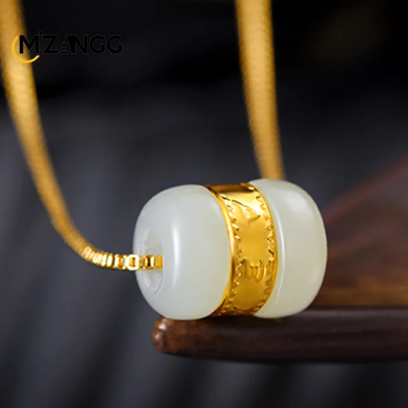 Natural Hetian Jade Road Road Bead Necklace Gold Inset Jade Six Words Pendant Luxury Charm Men and Women Jewelry Holiday Gift