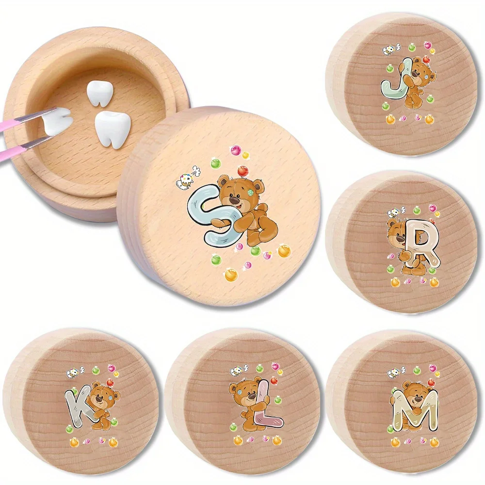 

Round Tooth Keepsake Box Wooden Tooth Keepsake Case Umbilical Cord Teeth Collection Casket Birthday Gift Bear Letter Pattern
