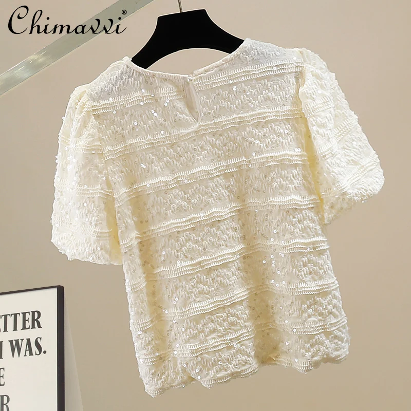 Fashion Heavy Sequin Embroidery Crew Neck Short Sleeve Lace Shirt Summer Korean Sweet Girl Loose Temperament Skinny Top Women
