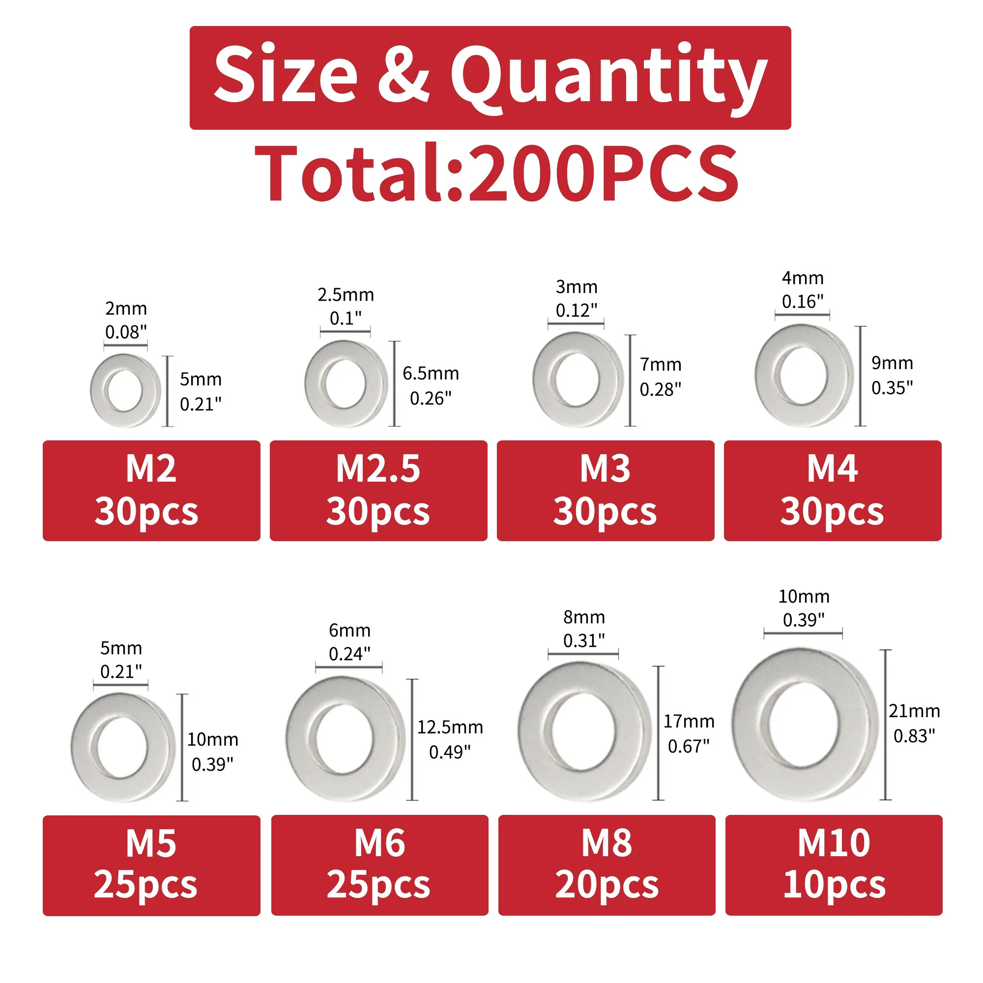 AIMUNOK 200PCS 304 SS Flat Washers Assortment - M2-M10 Multi-Size for Fasteners, Rust-Resistant Repair Kit with Storage Box