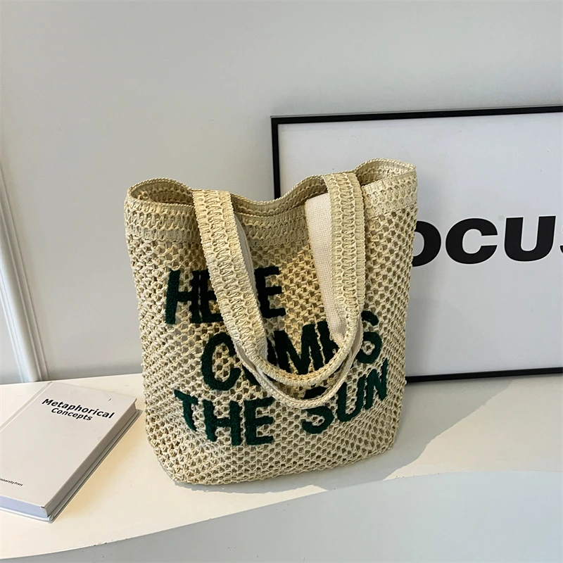 

Letter Decorated Straw High Capacity Zipper Solid Color Knitting Fashion Shoulder Bag Casual Tote 2024 Hot Sale Bags for Women