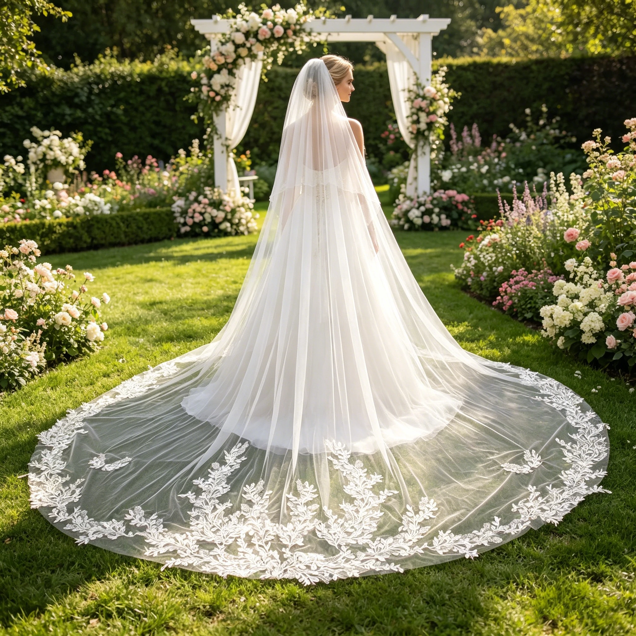 Long Cathedral Trailing Wedding Veil with Intricate Lace Trim Luxurious Romantic Bridal Veil for Bride Church Ceremony G49