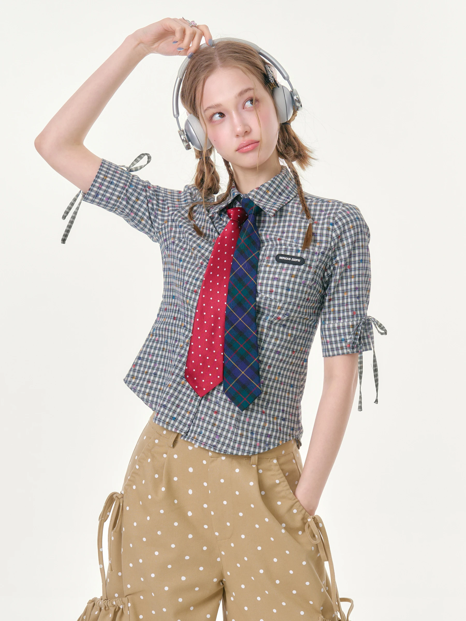 

ZiziFei Women's Plaid Shirt Summer Design Vintage College Style Short Sleeve Dot Checkered Top Loose Fit Polyester