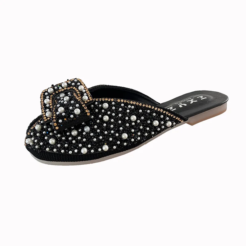 Baotou Half Slippers Women 2024 Summer New Wear Bow Diamond Pearl Flat Muller Fashion Flip-flops