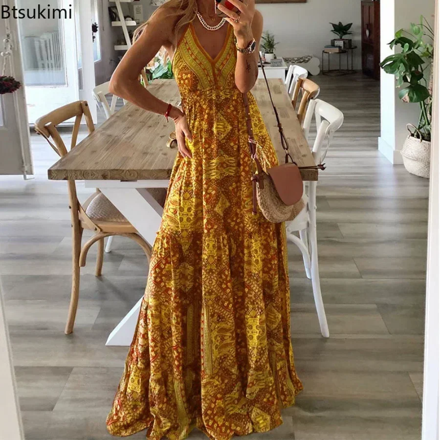 2025 Women's Summer Boho Long Dresses Elegant V Neck Party Dresses Vintage Printed Sleeveless Sexy Slim Maxi Beach Dress Mujer