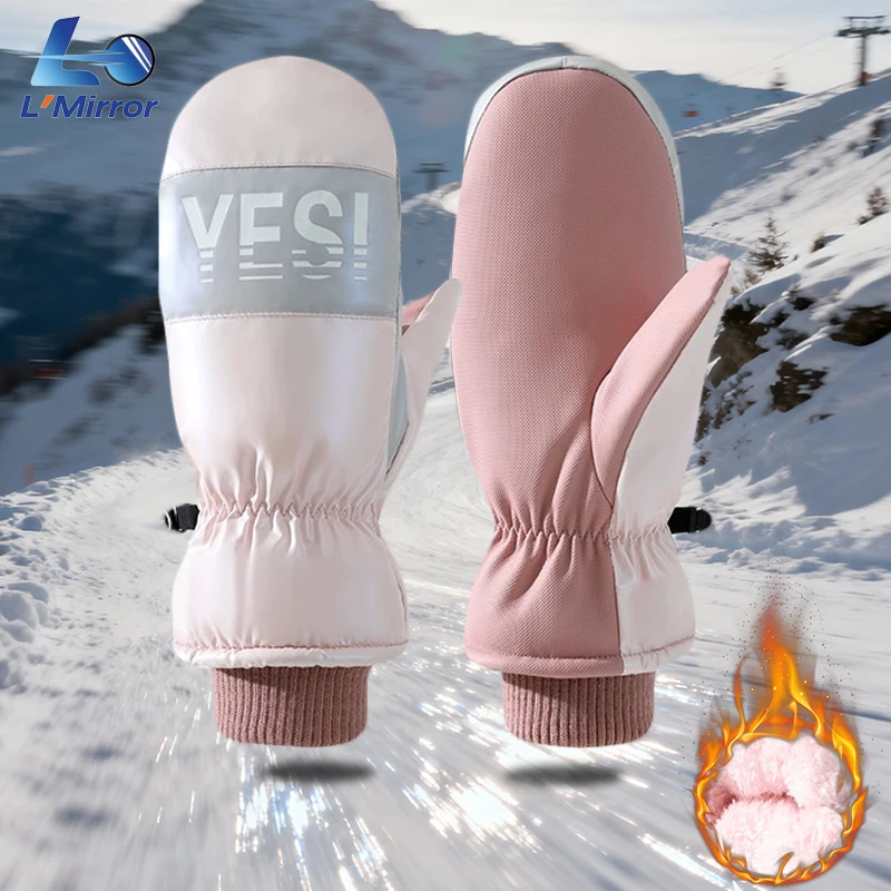

L●Mirror Women's Cotton Ski Mittens,Winter Warm Fleece-Lined Gloves - Windproof,Anti-Slip for Outdoor Skiing,Cycling,Running