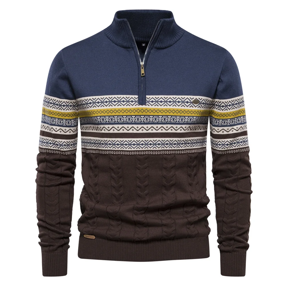 Men's Color-coded Striped Casual Trendy Simple Basic Daily Stand Collar Long Sleeve Knitted Sweater Pullovers Male Clothes Tops