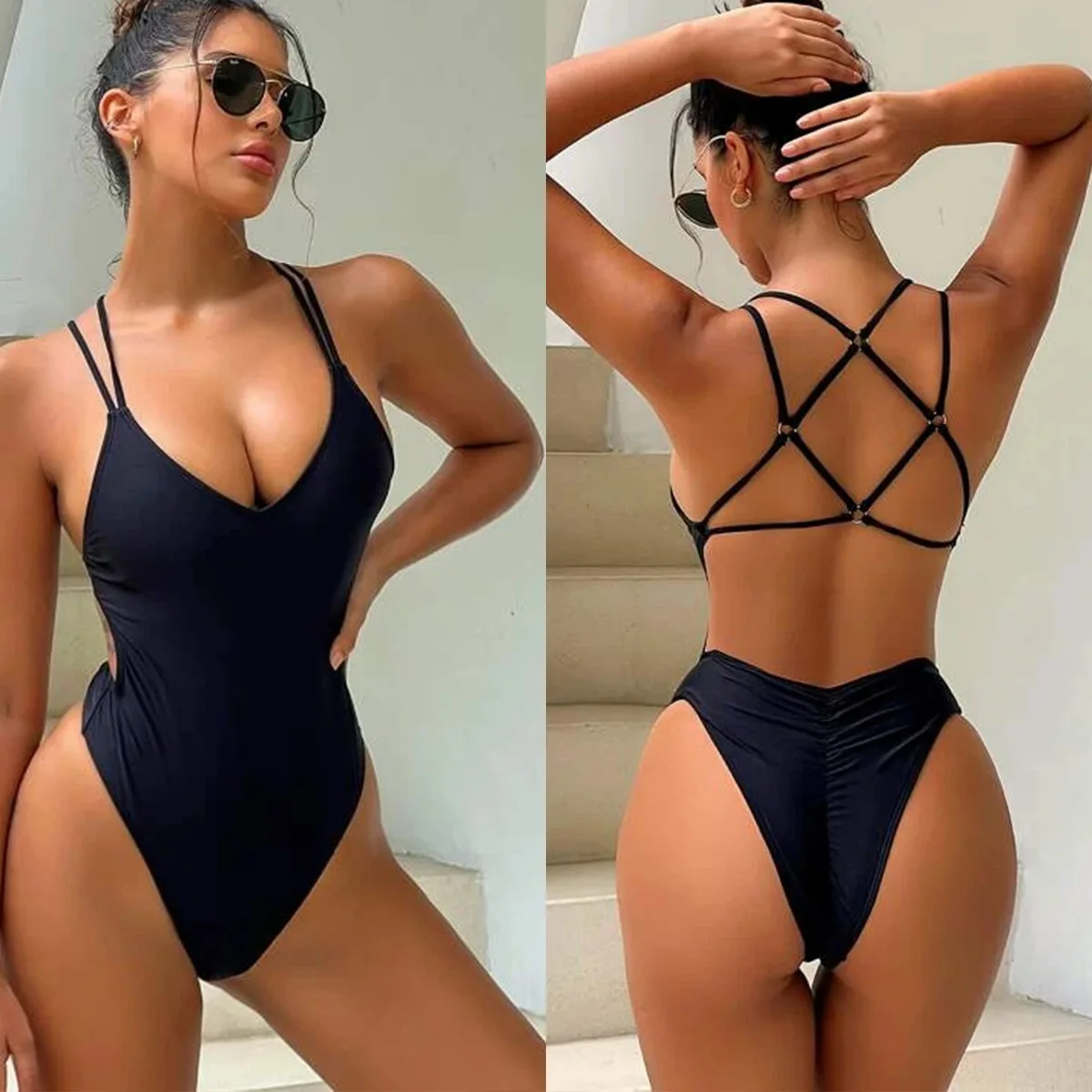 Women Deep V Cross Back One Piece Swimsuit High Cut Padded Backless Monokini Bathing Suit Beach Pool Vacation Swimwear Bikini