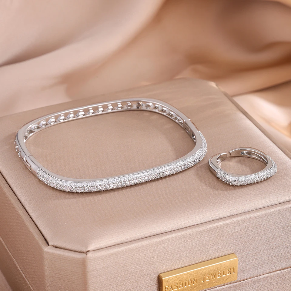 ZAKOL Luxury Brilliant Micro Paved Zirconia Quadrilateral Bracelet Ring Set Fashion All-match Bangles Women's Party Jewelry