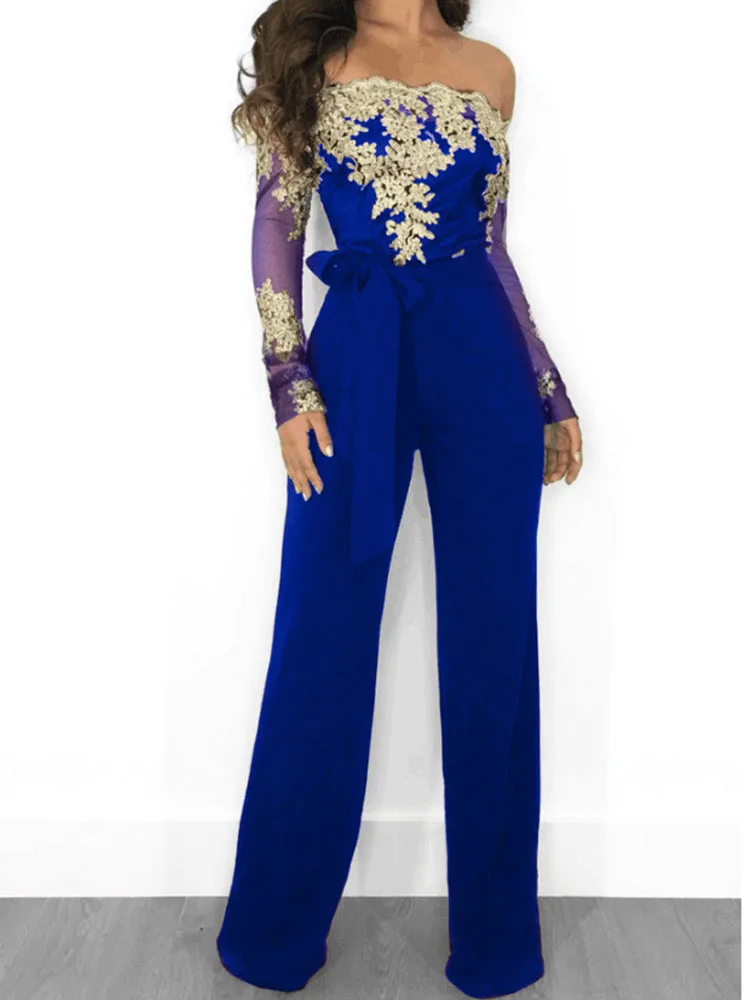 Elegant Mesh Patchwork See Through Party Jumpsuit Women 2024 Off Shoulder Appliques Full Sleeve Club Rompers One Pieces Overalls