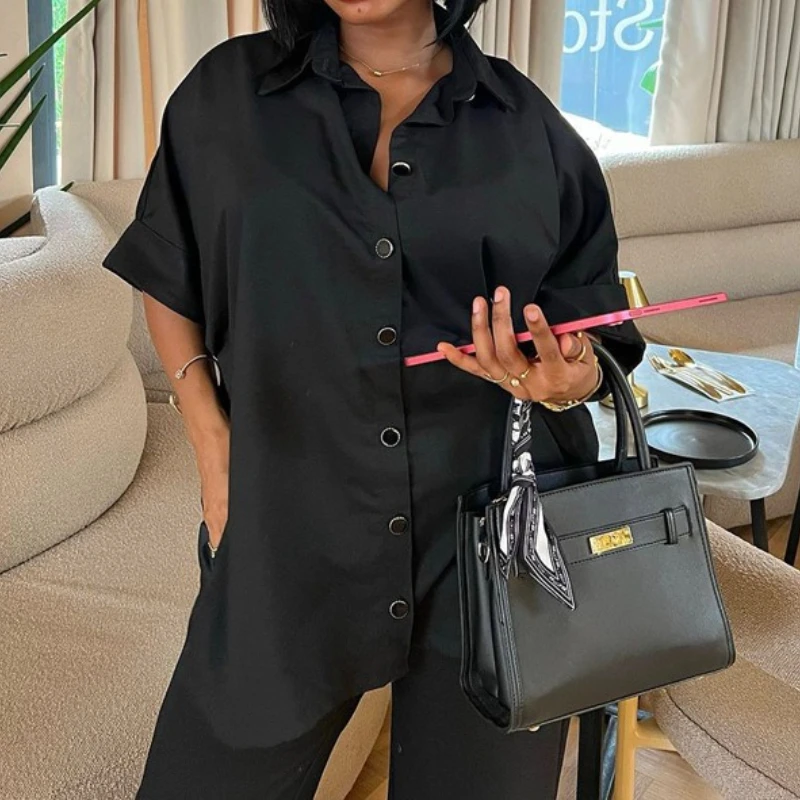 Moda primavera e verão novo terno camisa casual calças de perna larga temperamento de duas peças roupas femininas