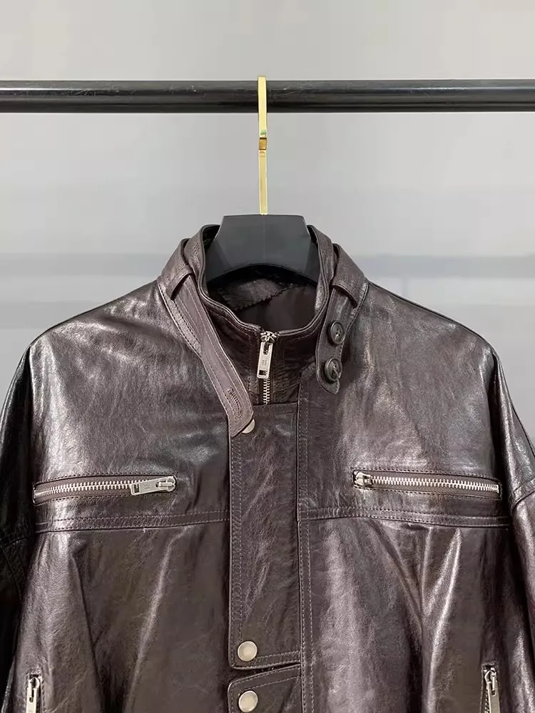 Autunno retrò vera pelle di pecora donna giacca in pelle cerata olio colletto alla coreana giacche da moto corte in vera pelle cerniere soprabito