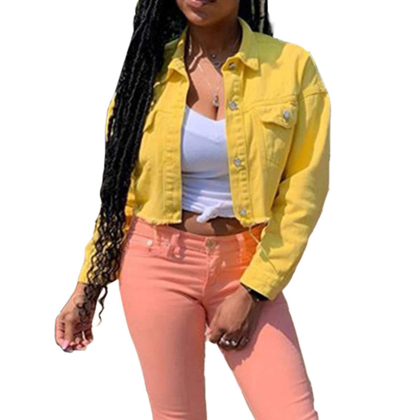 Dámský džínový krátký kabát, jednobarevný, s dlouhým rukávem, klopou, sako s knoflíky, opotřebovaný lem, zkrácený džínový kabát - náhled 5