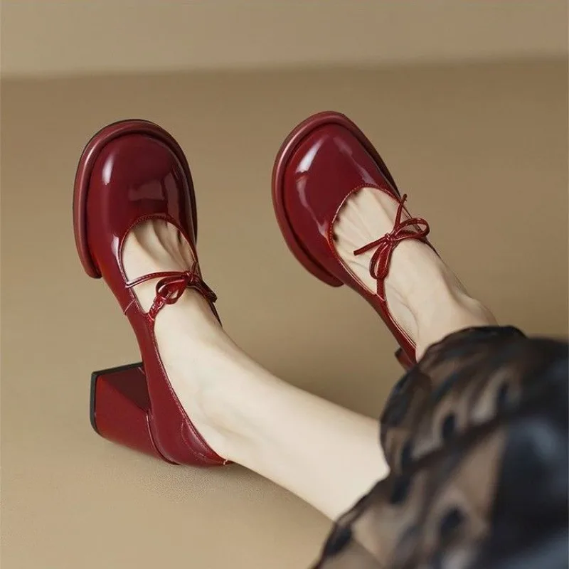 

​Hot Sale Mary Jane Red Chunky Heel Women's Shoes Spring Autumn Versatile Non Slip High Heels Casual Wear​ Footwear