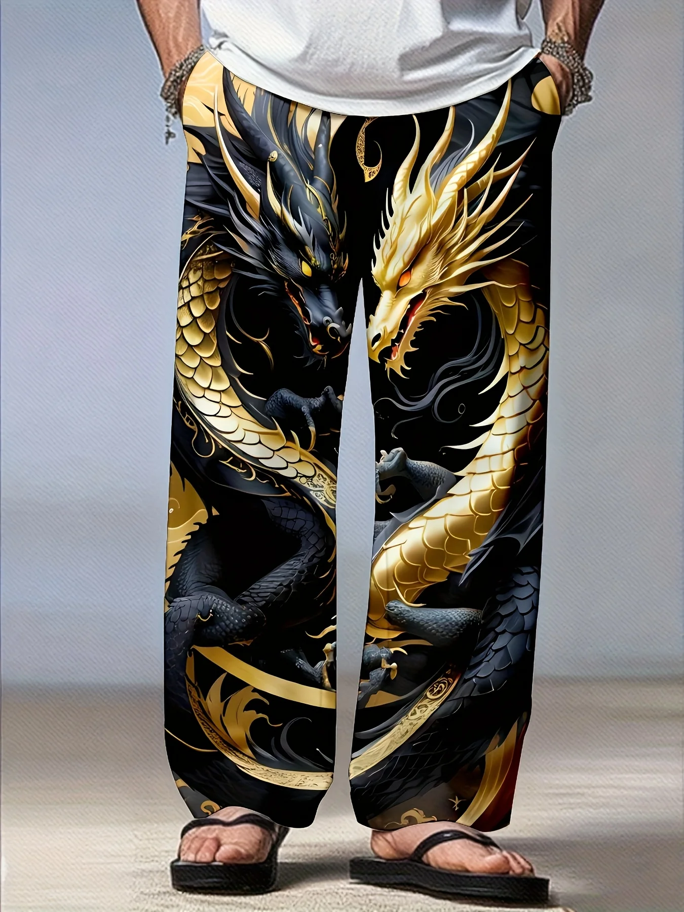 

Новые готические золотисто-черные брюки с двойным драконом, 3D-печать, свободный крой, прямые штанины, уличный стиль Харадзюку, повседневные спортивные брюки